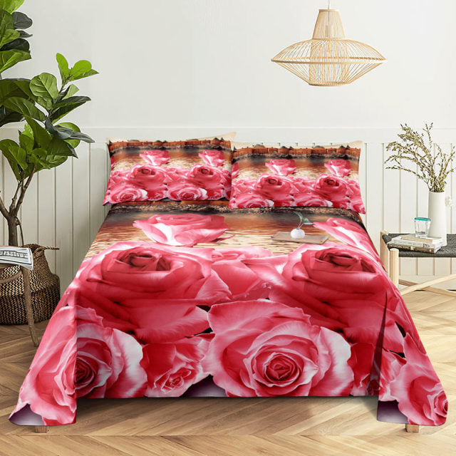 3D HD Bed Sheet Linen Pillow Case Cover Home Bedding Set Pillowcase Red Rose
