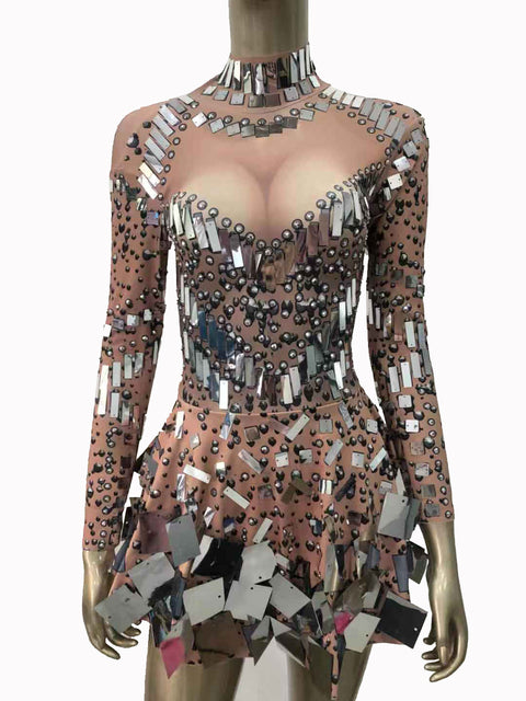 Shining Silver Mirrors Rhinestones Dress Women Singer Dancer Bright Bodysuit Costume One-Piece Nightclub Dress Performance Wear