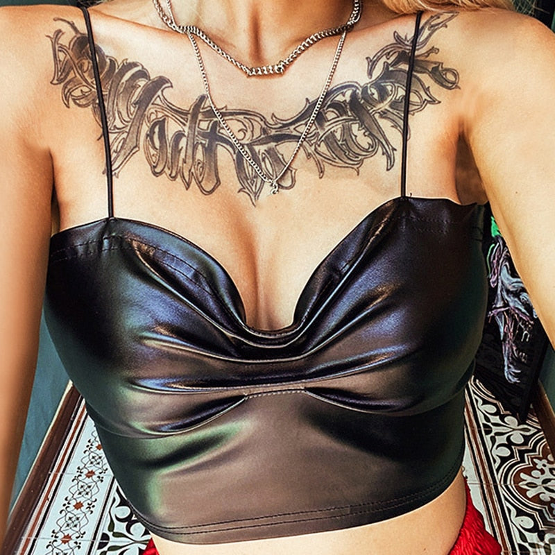 Sexy Club PU Leather Camisole Solid Sleeveless Crop Tube Tops