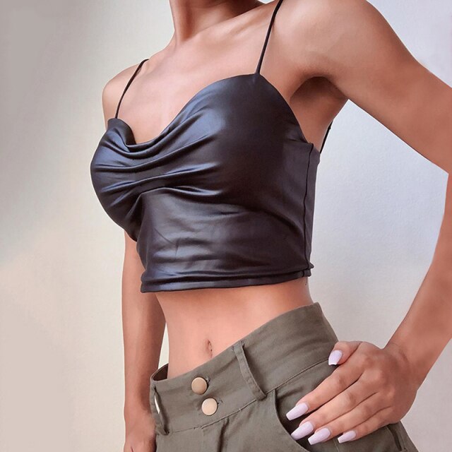Sexy Club PU Leather Camisole Solid Sleeveless Crop Tube Tops