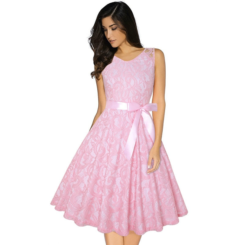 Pink Floral Lace Vintage Dress Elegant Woman Clothes Sleeveless V-Neck High Waist Belt Plus Size 4XL Summer Clothes for Women