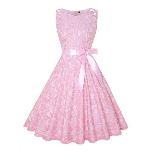 Pink Floral Lace Vintage Dress Elegant Woman Clothes Sleeveless V-Neck High Waist Belt Plus Size 4XL Summer Clothes for Women