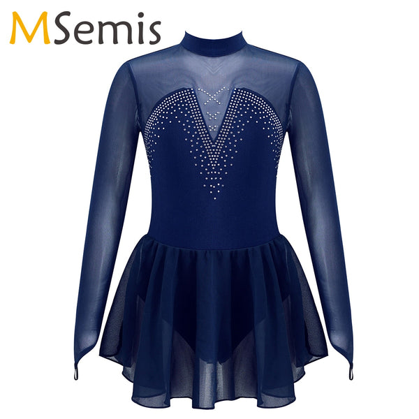 Kids Girls Sparkly Rhinestone Figure Skating Dress