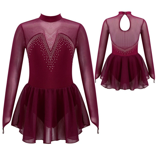 Kids Girls Sparkly Rhinestone Figure Skating Dress