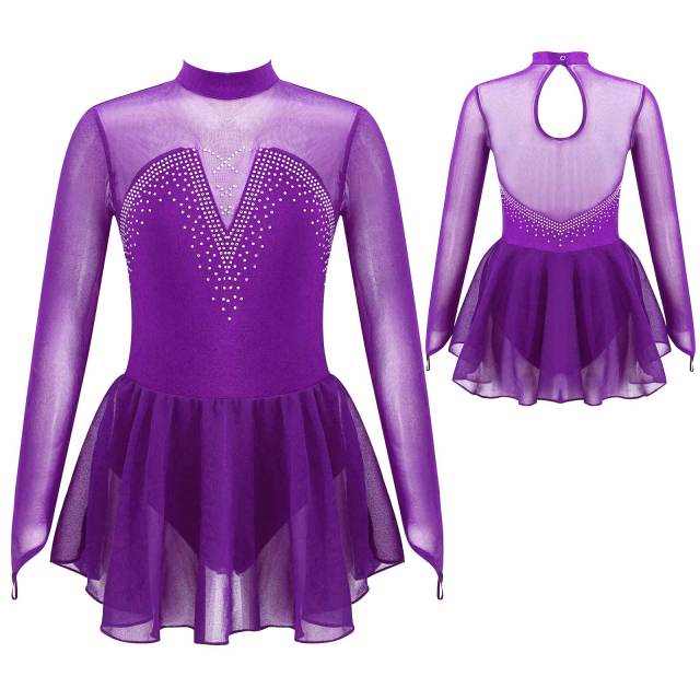 Kids Girls Sparkly Rhinestone Figure Skating Dress