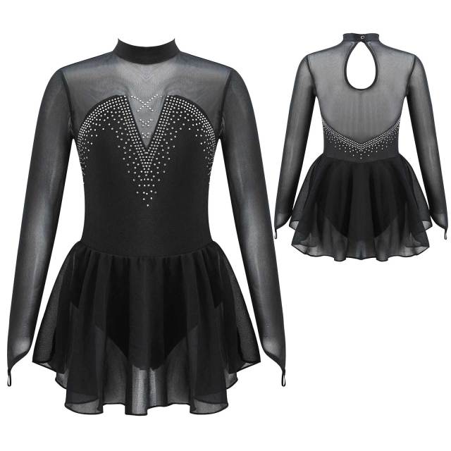 Kids Girls Sparkly Rhinestone Figure Skating Dress