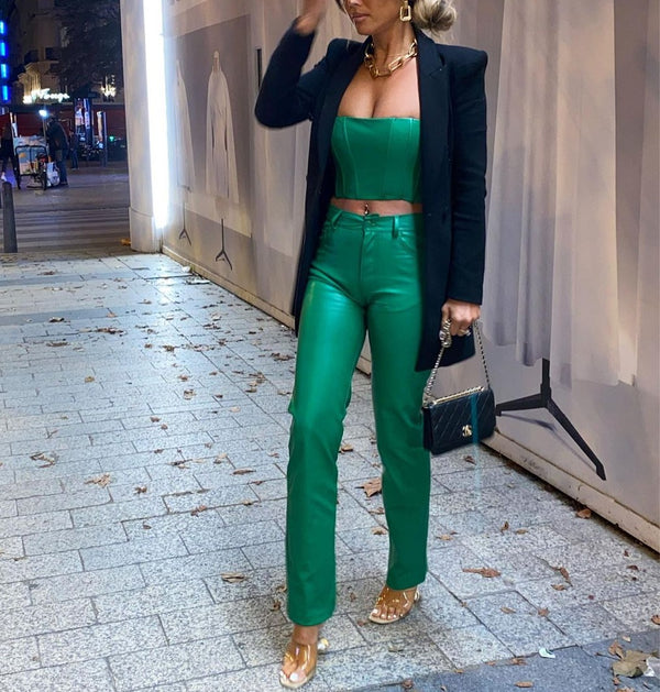 PU Green Two-Piece Set Vintage Tank Top Streetwear Elastic High Waist Trousers