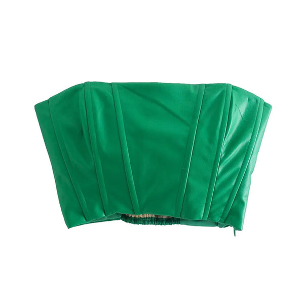 PU Green Two-Piece Set Vintage Tank Top Streetwear Elastic High Waist Trousers