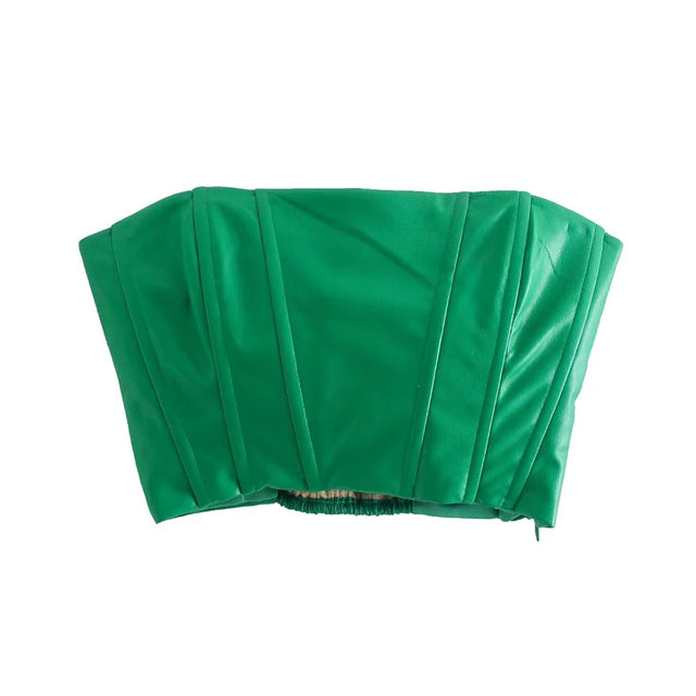 PU Green Two-Piece Set Vintage Tank Top Streetwear Elastic High Waist Trousers