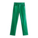 PU Green Two-Piece Set Vintage Tank Top Streetwear Elastic High Waist Trousers