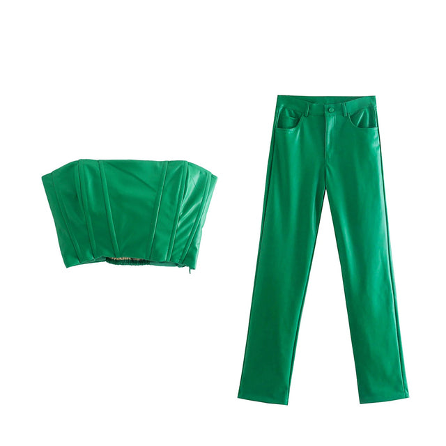 PU Green Two-Piece Set Vintage Tank Top Streetwear Elastic High Waist Trousers