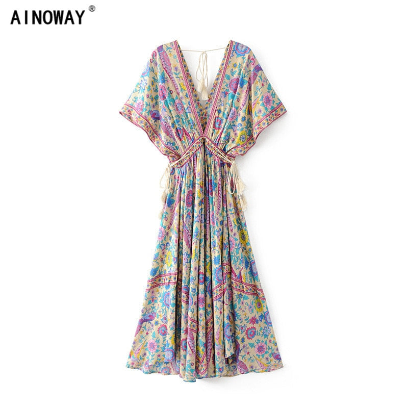 Vintage Chic women peacock Floral print Cotton Dress