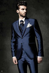 Slim Fit One Button Peak Blue Lapel Men Suits