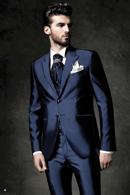 Slim Fit One Button Peak Blue Lapel Men Suits