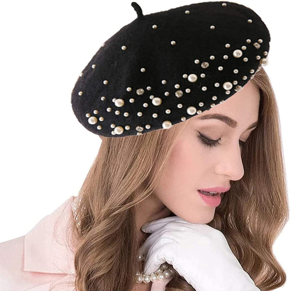 Winter Warm Rhinestone Pearl Beret Hat Classic Beanie Caps