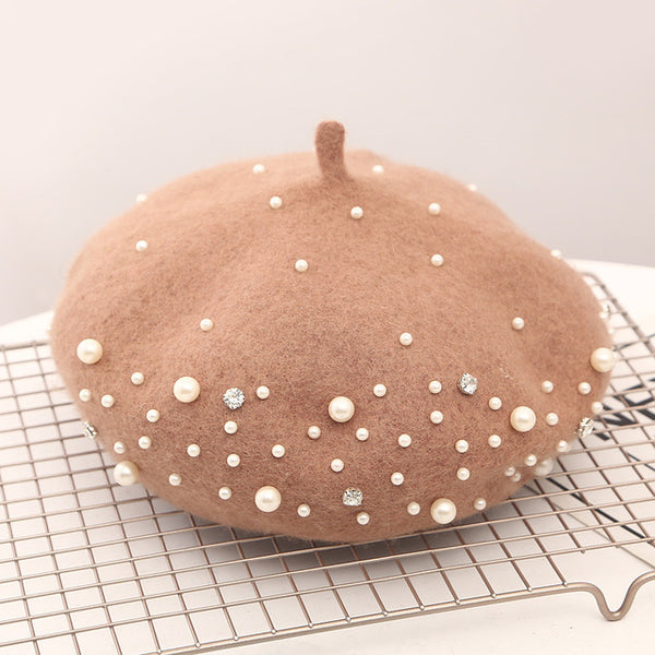 Winter Warm Rhinestone Pearl Beret Hat Classic Beanie Caps