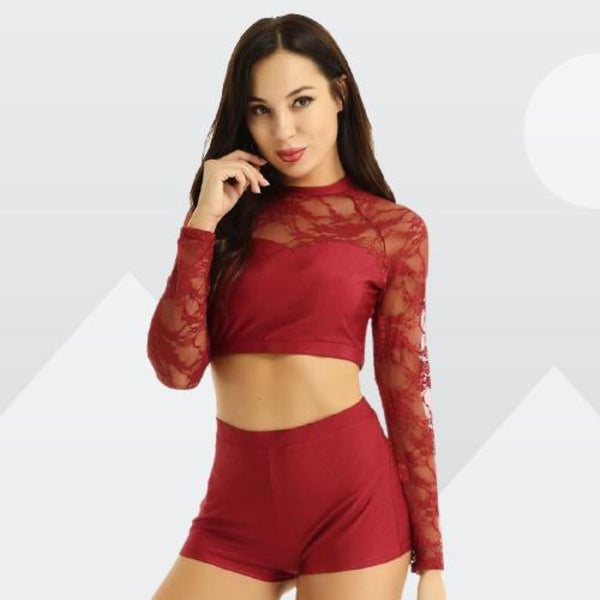 Lace Long Sleeve Crop Tops with Shorts