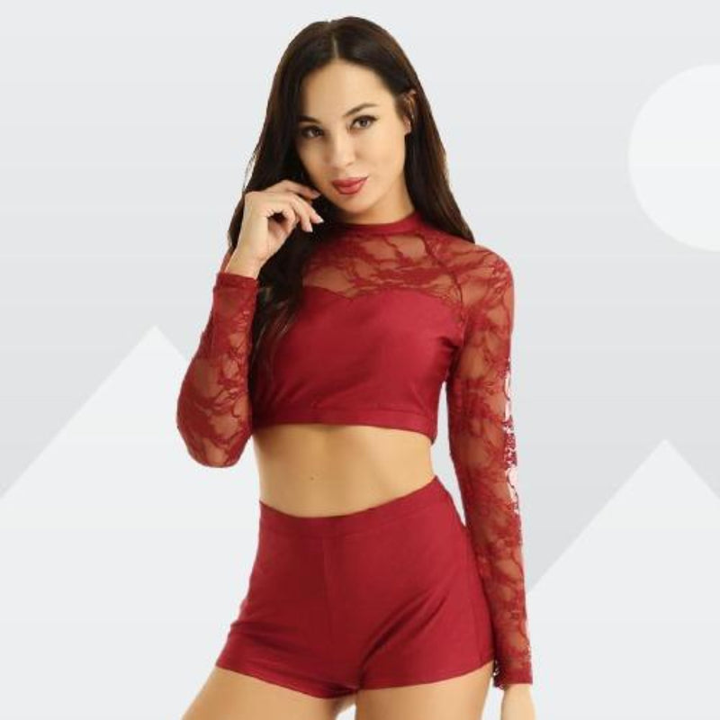 Lace Long Sleeve Crop Tops with Shorts