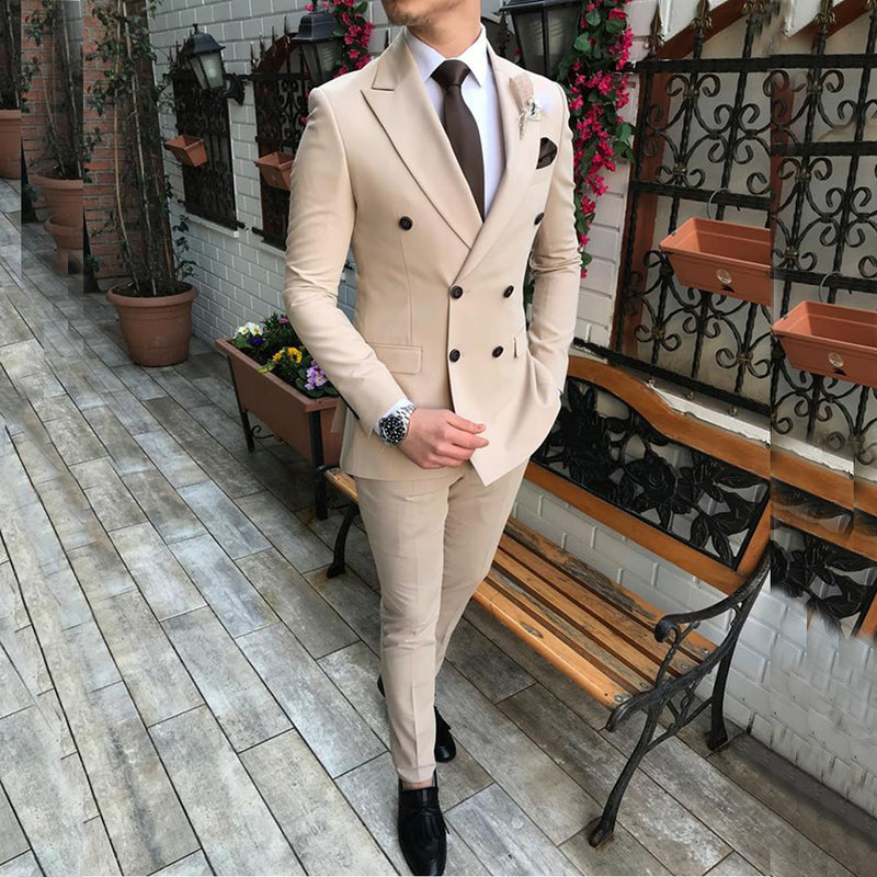 New Beige Double-Breasted Slim Casual Suit