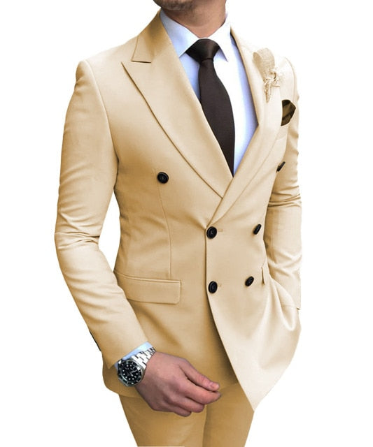 New Beige Double-Breasted Slim Casual Suit