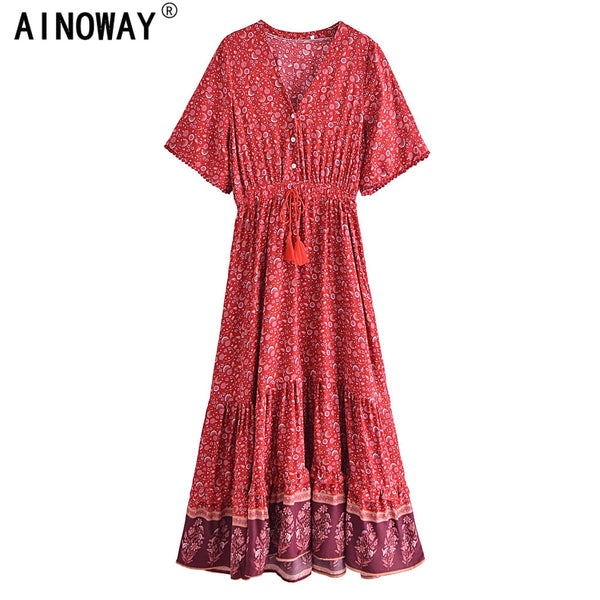 Chic Fashion Floral Print V-neck Cotton Dress