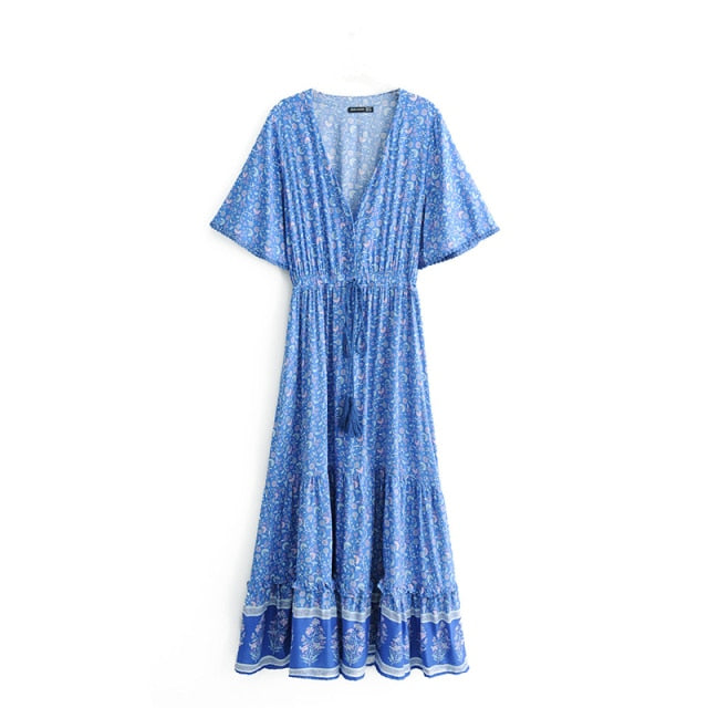 Chic Fashion Floral Print V-neck Cotton Dress