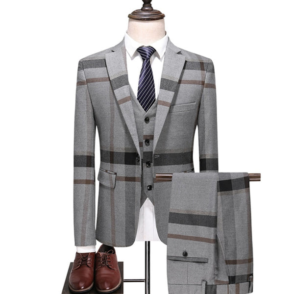 Wedding Plaid Blue Gray Slim Fit Suits