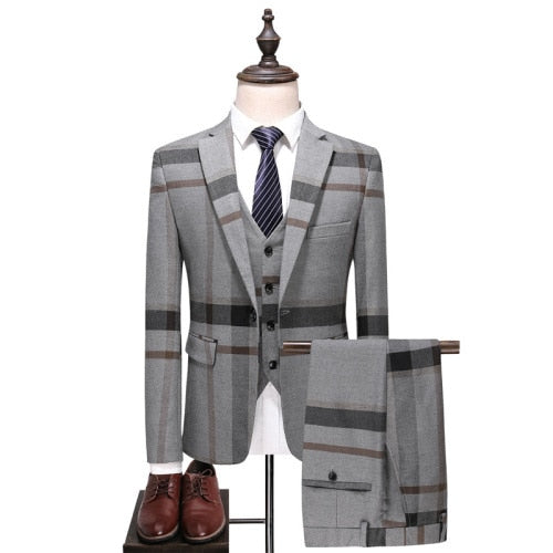 Wedding Plaid Blue Gray Slim Fit Suits