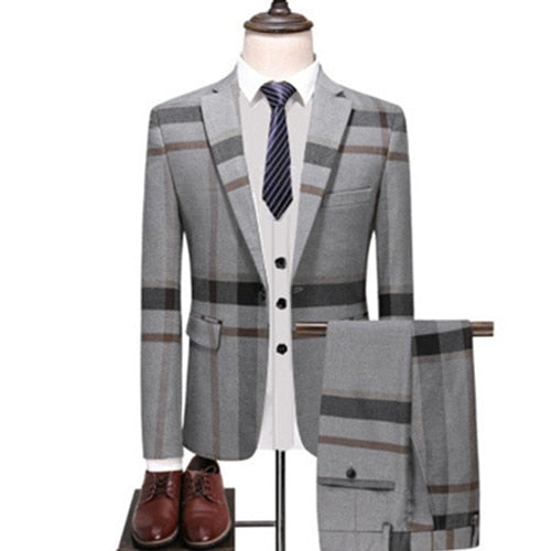 Wedding Plaid Blue Gray Slim Fit Suits