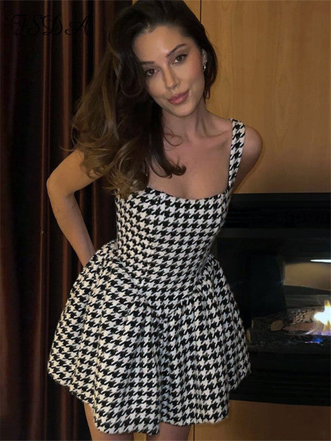 FSDA Houndstooth Print A Line Dress Elegant Mini Sleeveless 2022 Summer Autumn Tweed Strap Sexy Dresses Women Black Party Outfit