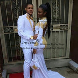 White Wedding Men Suits Gold Lapel Groom Wear