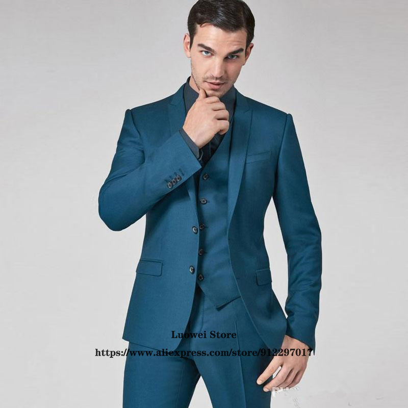 Classic Teal Business Slim Fit Men Suits 3 Piece Jacket Vest Pants Set Groom Wedding Peaked Lapel Tuxedo Formal Blazer Masculino