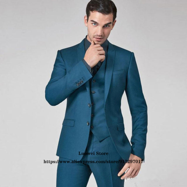 Classic Teal Business Slim Fit Men Suits 3 Piece Jacket Vest Pants Set Groom Wedding Peaked Lapel Tuxedo Formal Blazer Masculino