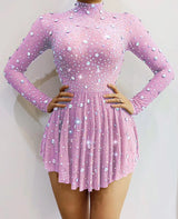 Sparkly Rhinestones Bodysuits Ladies Long Sleeve Sexy Bodycon Mini Dress Performance Fashion Stage Costume Latin Bodysuits Wear
