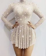 Sparkly Rhinestones Bodysuits Ladies Long Sleeve Sexy Bodycon Mini Dress Performance Fashion Stage Costume Latin Bodysuits Wear