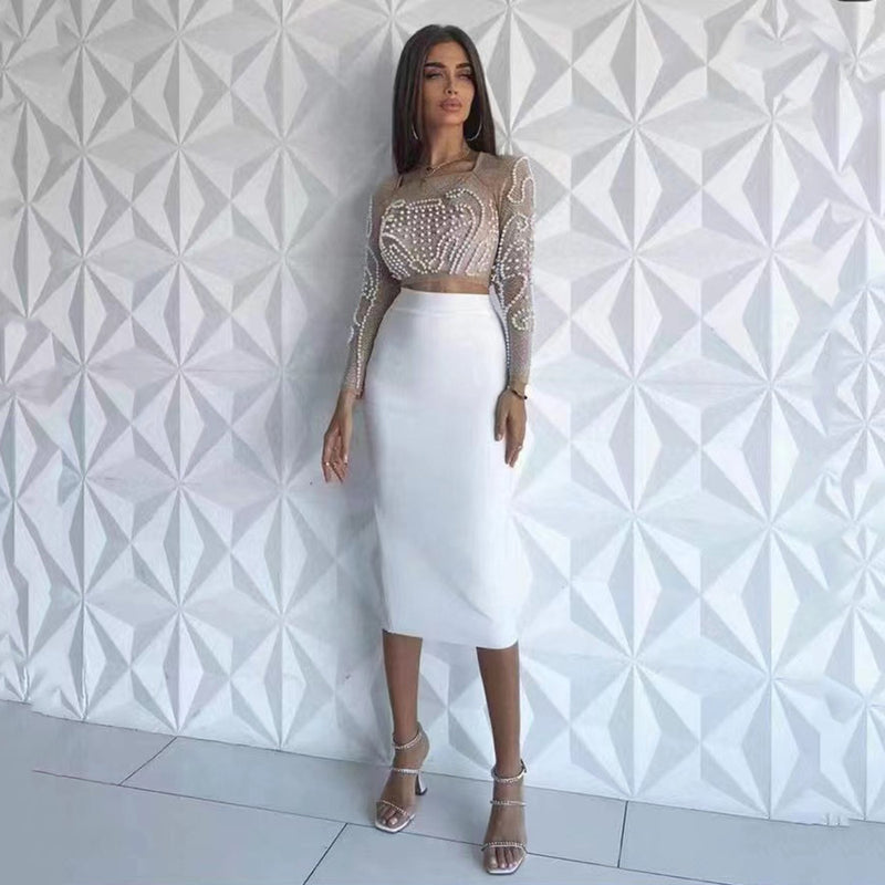 2022 New Woman Suit Elegant Office Lady Luxury Pearls Spring/Autumn White Black Classic Spandex Knitted Sheath Bandage Dress