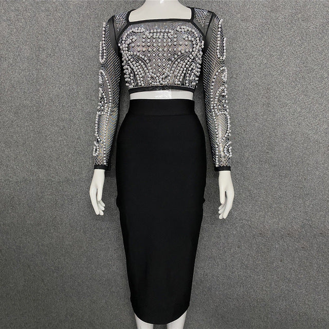 2022 New Woman Suit Elegant Office Lady Luxury Pearls Spring/Autumn White Black Classic Spandex Knitted Sheath Bandage Dress