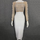 2022 New Woman Suit Elegant Office Lady Luxury Pearls Spring/Autumn White Black Classic Spandex Knitted Sheath Bandage Dress
