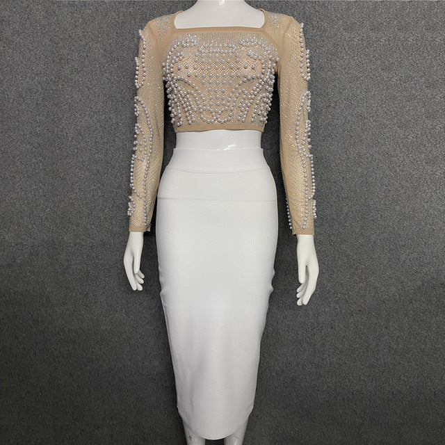 2022 New Woman Suit Elegant Office Lady Luxury Pearls Spring/Autumn White Black Classic Spandex Knitted Sheath Bandage Dress