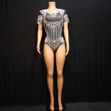Nightclub Jazz DS Dance Stage Costumes Women Crystal Pearl Bodysuit Showgirl Pole Dance Leotard Sexy Elastic Rhinestone Jumpsuit