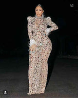 Colorful Crystals Pearls Sexy Mesh Long Dress Prom Evening Transparent Multicolor Rhinestones Costume Birthday Feather Sleeves