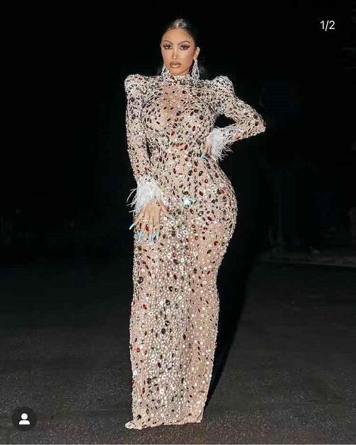 Colorful Crystals Pearls Sexy Mesh Long Dress Prom Evening Transparent Multicolor Rhinestones Costume Birthday Feather Sleeves