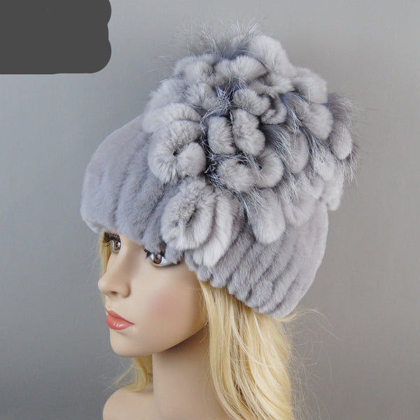 Handmade Natural Rex Rabbit Fox Fur Cap