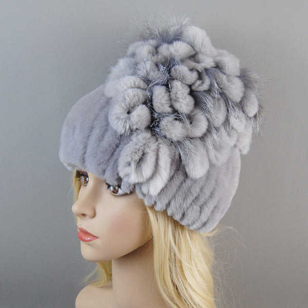 Handmade Natural Rex Rabbit Fox Fur Cap