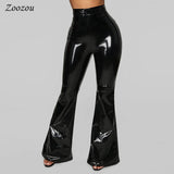 High Waist PU Patent Leather Flare Pants Women Skinny Black Sexy Slim Latex Trousers Casual Faux Leather Wide Leg Pants Custom
