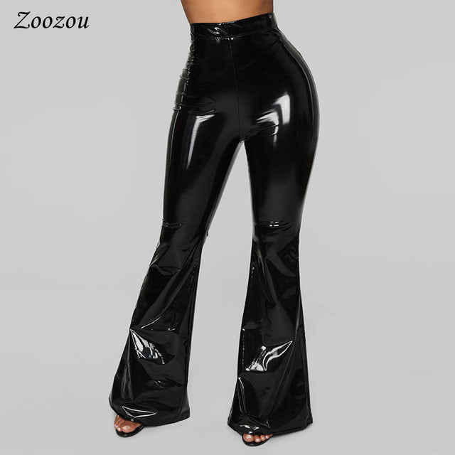 High Waist PU Patent Leather Flare Pants Women Skinny Black Sexy Slim Latex Trousers Casual Faux Leather Wide Leg Pants Custom