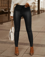 Women Sexy Studded Design High Waist Lace Up Skinny PU Pants