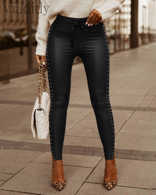 Women Sexy Studded Design High Waist Lace Up Skinny PU Pants