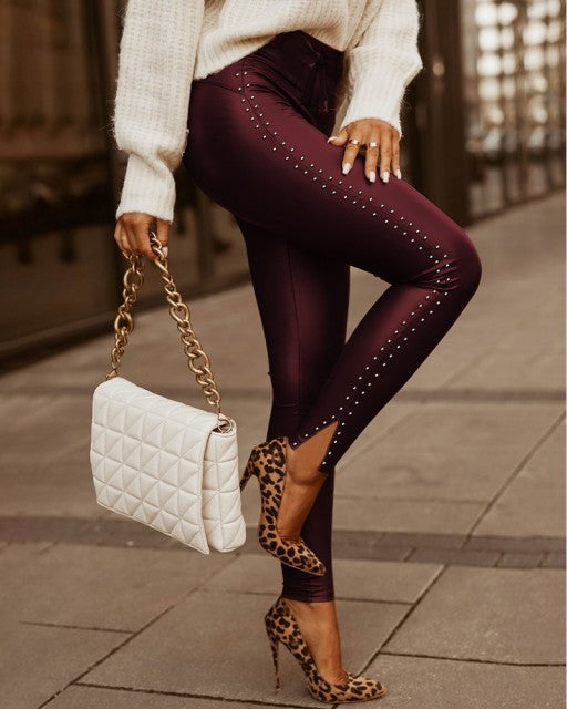 Women Sexy Studded Design High Waist Lace Up Skinny PU Pants
