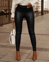 Women Sexy Studded Design High Waist Lace Up Skinny PU Pants